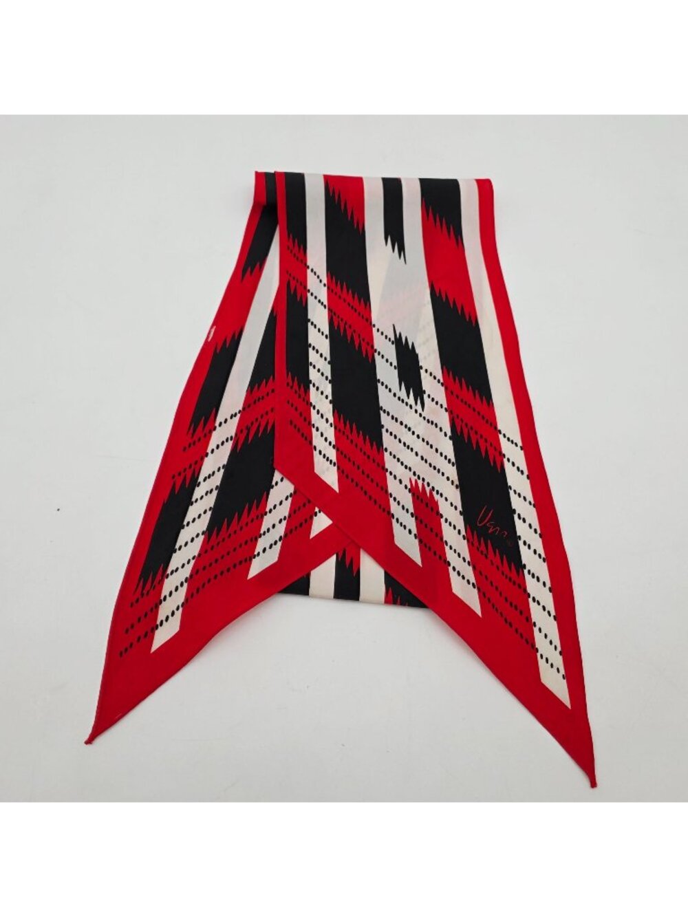 Geometric Red Black White Print Scarf By Vera Long Rectangular Silk Scarf